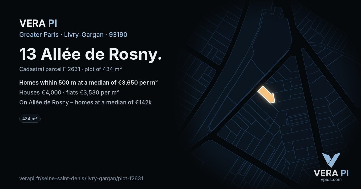 13 Allée de Rosny, Livry-Gargan at night – the plot lit, the parcels around coloured by the prices near them