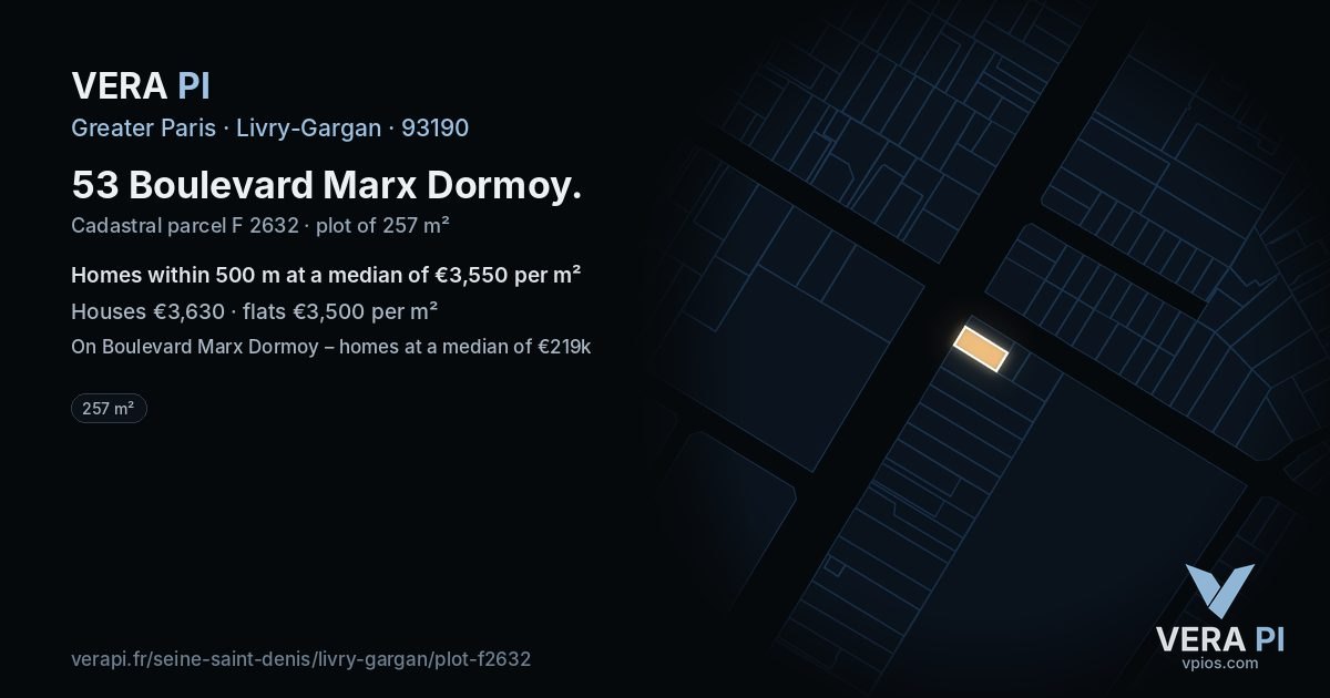 53 Boulevard Marx Dormoy, Livry-Gargan at night – the plot lit, the parcels around coloured by the prices near them