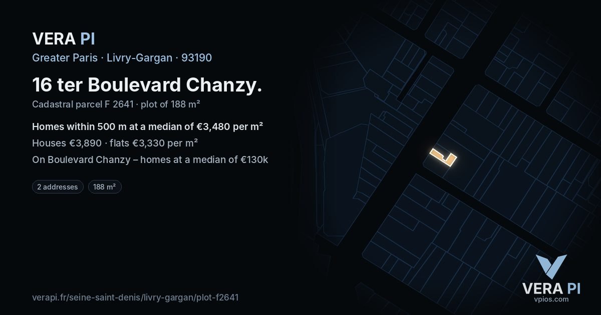 16 ter Boulevard Chanzy, Livry-Gargan at night – the plot lit, the parcels around coloured by the prices near them