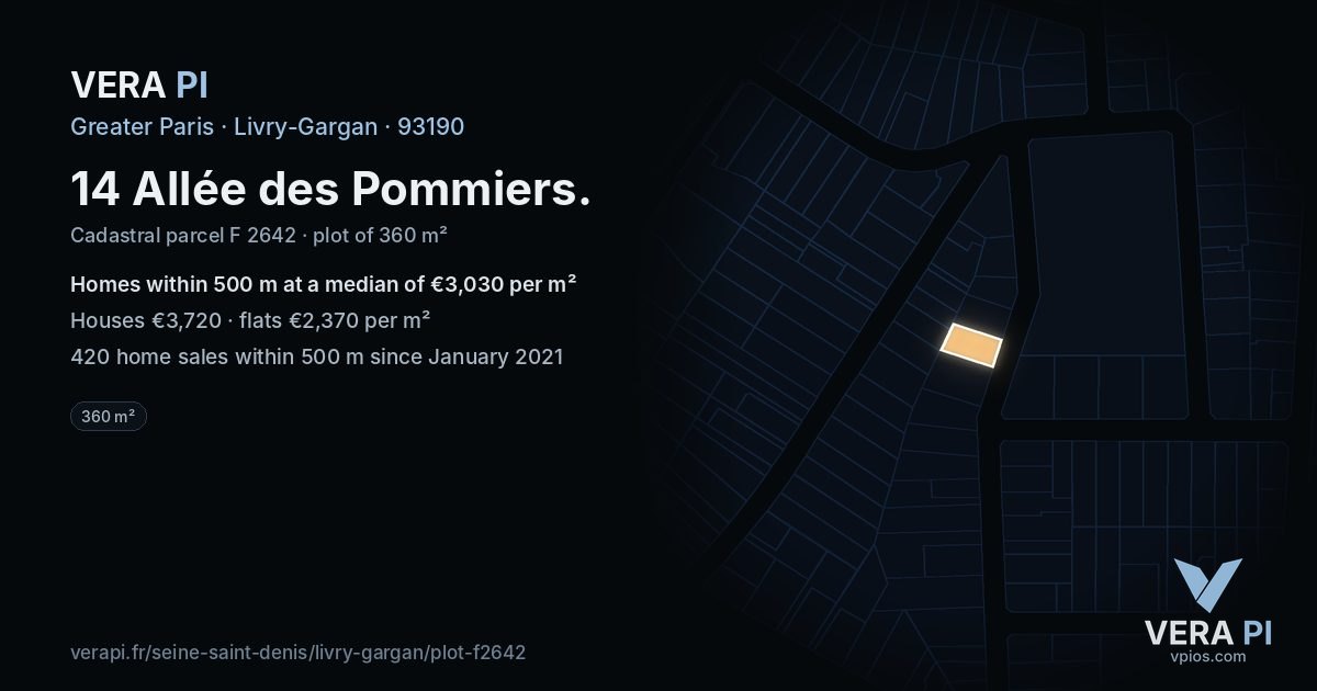 14 Allée des Pommiers, Livry-Gargan at night – the plot lit, the parcels around coloured by the prices near them