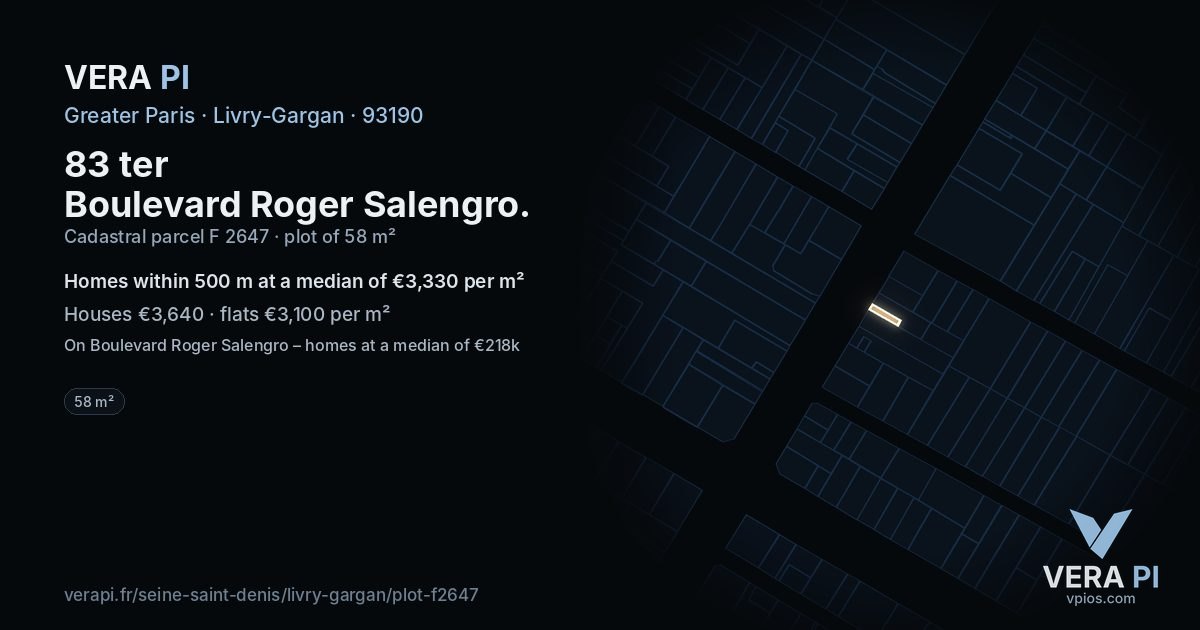 83 ter Boulevard Roger Salengro, Livry-Gargan at night – the plot lit, the parcels around coloured by the prices near them
