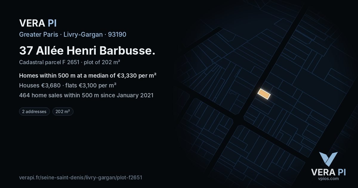 37 Allée Henri Barbusse, Livry-Gargan at night – the plot lit, the parcels around coloured by the prices near them