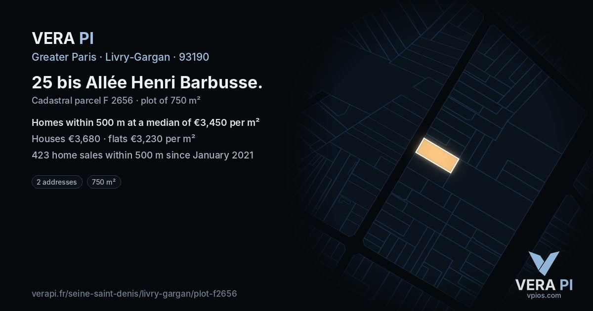 25 bis Allée Henri Barbusse, Livry-Gargan at night – the plot lit, the parcels around coloured by the prices near them