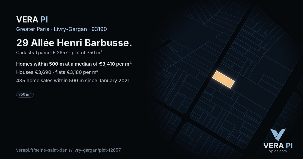 29 Allée Henri Barbusse, Livry-Gargan at night – the plot lit, the parcels around coloured by the prices near them