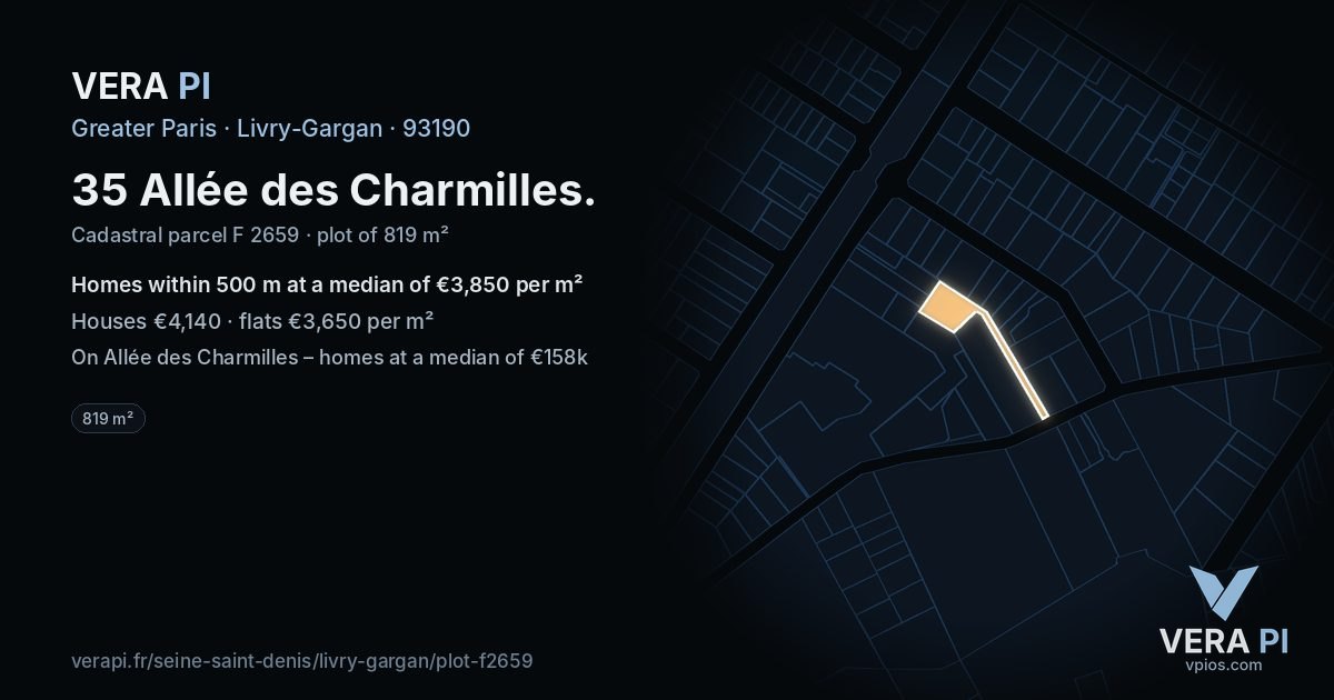 35 Allée des Charmilles, Livry-Gargan at night – the plot lit, the parcels around coloured by the prices near them