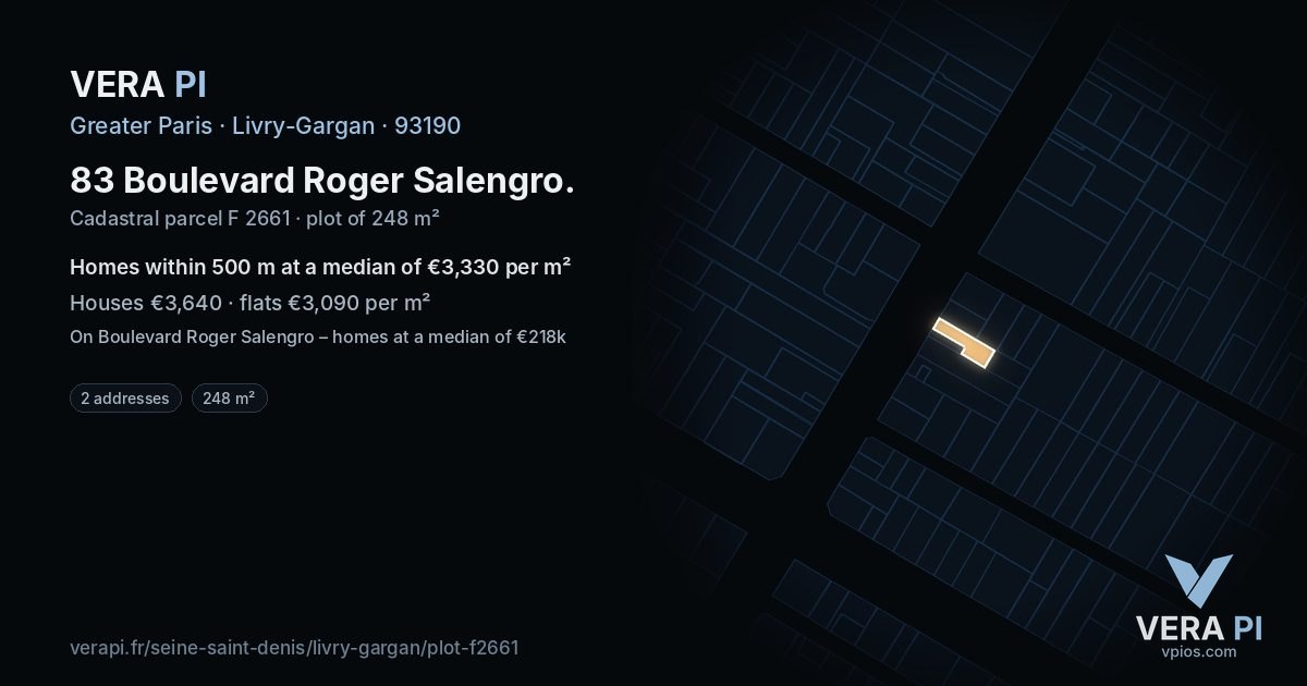 83 Boulevard Roger Salengro, Livry-Gargan at night – the plot lit, the parcels around coloured by the prices near them