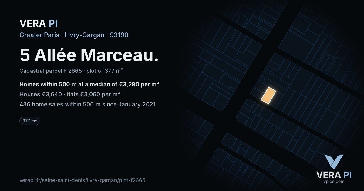 5 Allée Marceau, Livry-Gargan at night – the plot lit, the parcels around coloured by the prices near them