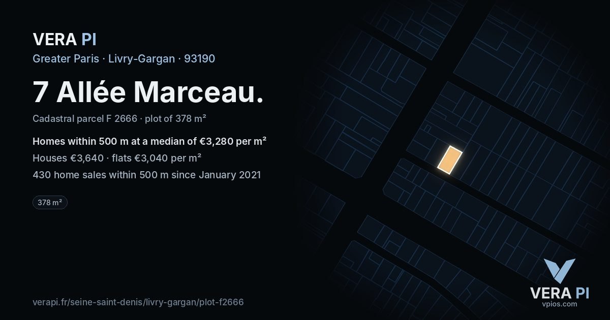 7 Allée Marceau, Livry-Gargan at night – the plot lit, the parcels around coloured by the prices near them