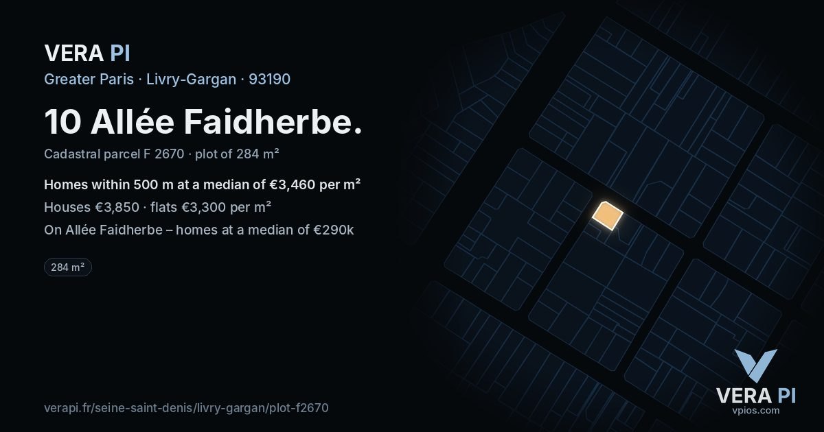 10 Allée Faidherbe, Livry-Gargan at night – the plot lit, the parcels around coloured by the prices near them