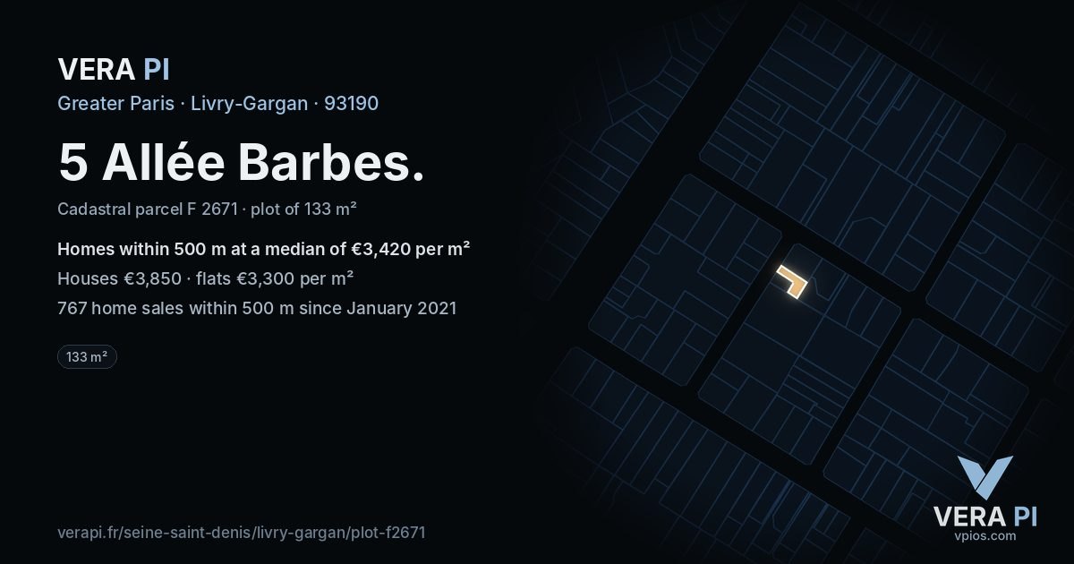 5 Allée Barbes, Livry-Gargan at night – the plot lit, the parcels around coloured by the prices near them