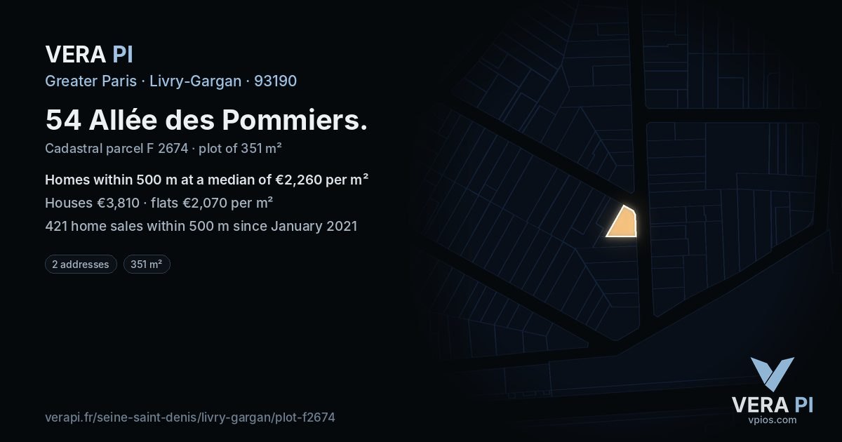54 Allée des Pommiers, Livry-Gargan at night – the plot lit, the parcels around coloured by the prices near them