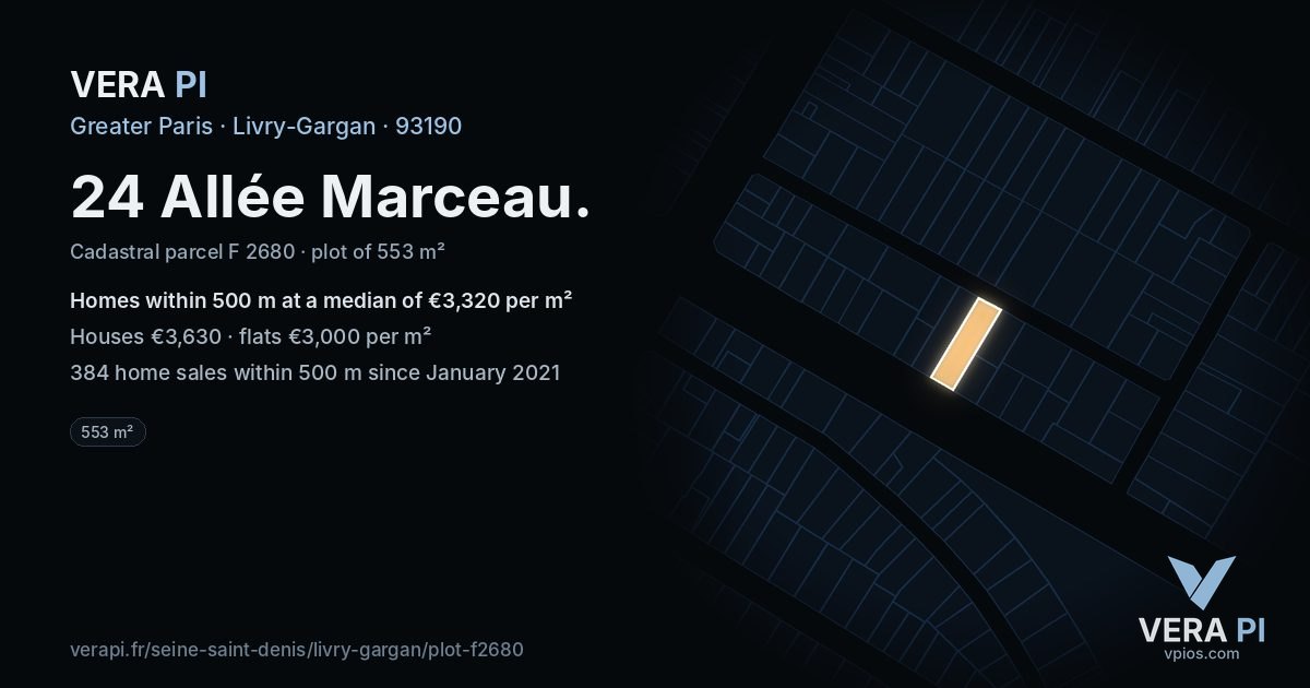 24 Allée Marceau, Livry-Gargan at night – the plot lit, the parcels around coloured by the prices near them