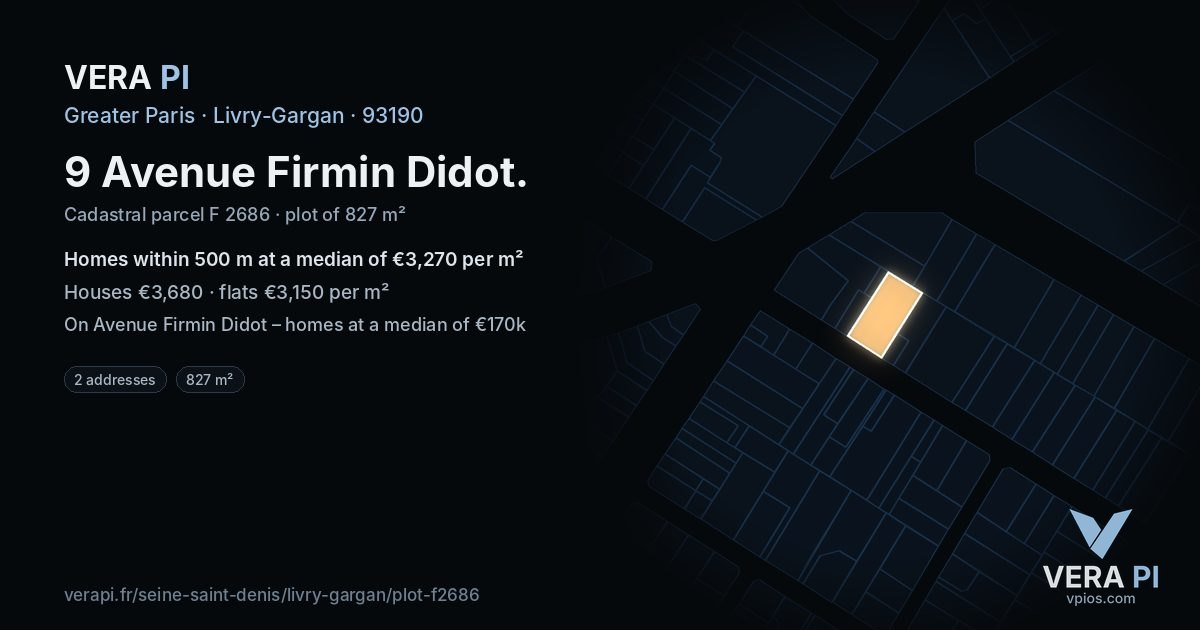 9 Avenue Firmin Didot, Livry-Gargan at night – the plot lit, the parcels around coloured by the prices near them