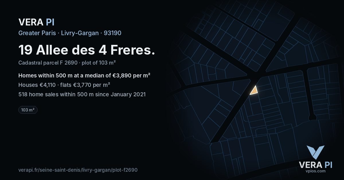 19 Allee des 4 Freres, Livry-Gargan at night – the plot lit, the parcels around coloured by the prices near them