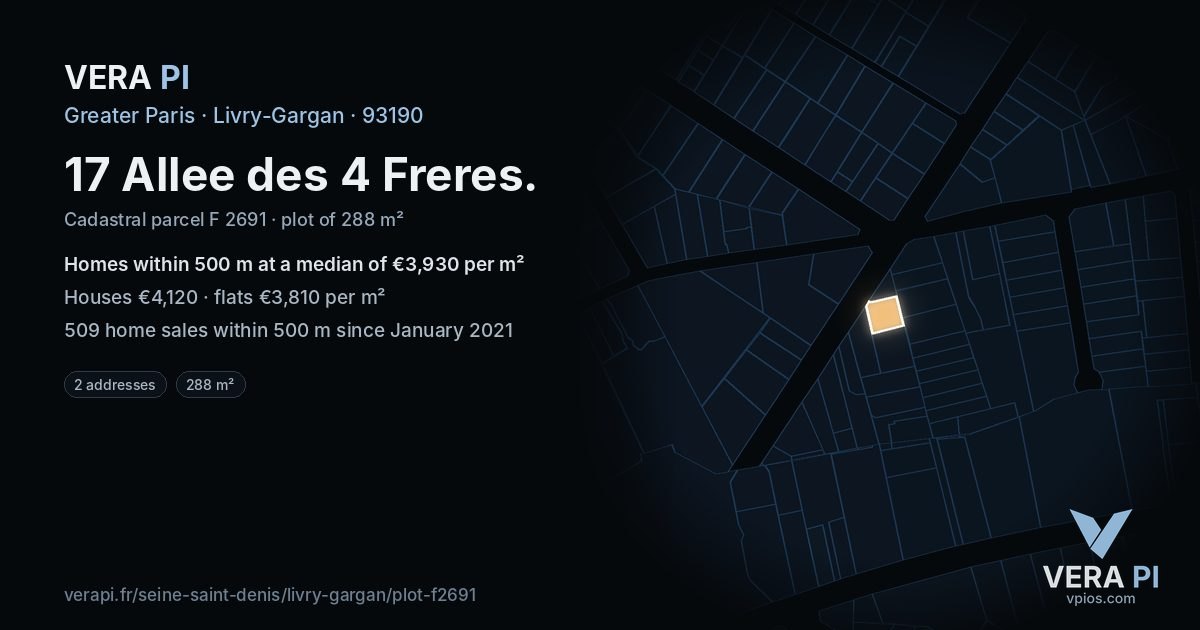 17 Allee des 4 Freres, Livry-Gargan at night – the plot lit, the parcels around coloured by the prices near them