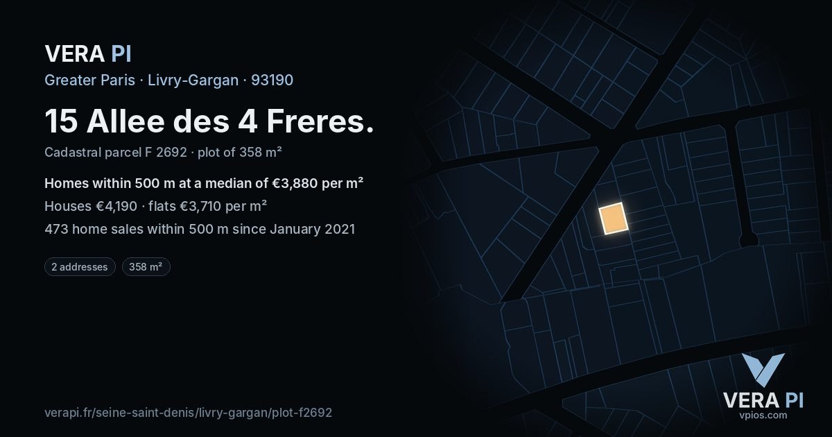 15 Allee des 4 Freres, Livry-Gargan at night – the plot lit, the parcels around coloured by the prices near them