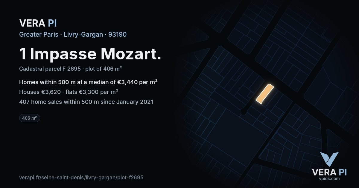 1 Impasse Mozart, Livry-Gargan at night – the plot lit, the parcels around coloured by the prices near them
