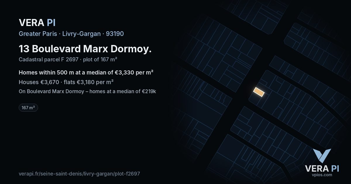 13 Boulevard Marx Dormoy, Livry-Gargan at night – the plot lit, the parcels around coloured by the prices near them