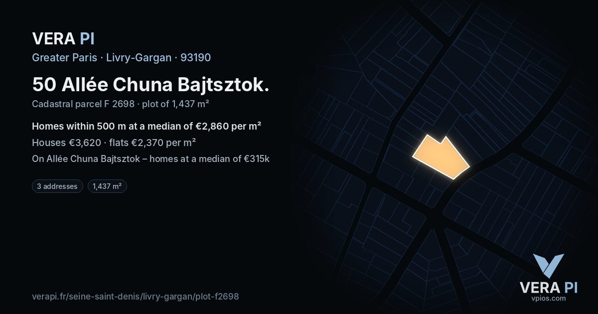 50 Allée Chuna Bajtsztok, Livry-Gargan at night – the plot lit, the parcels around coloured by the prices near them