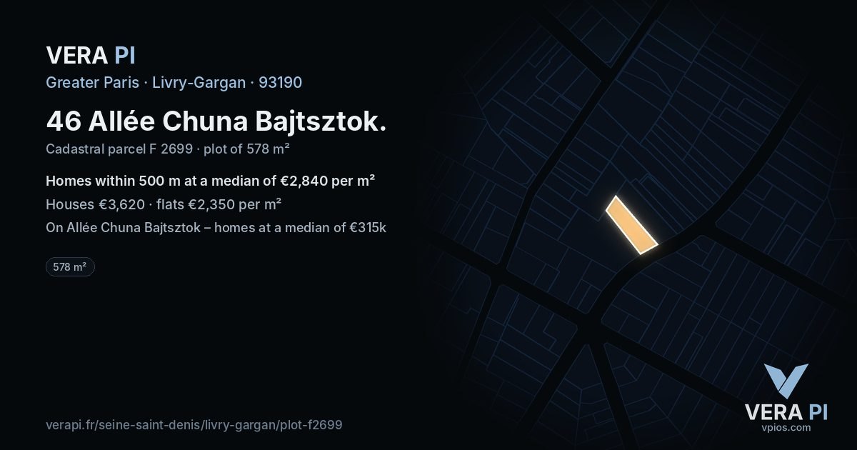 46 Allée Chuna Bajtsztok, Livry-Gargan at night – the plot lit, the parcels around coloured by the prices near them