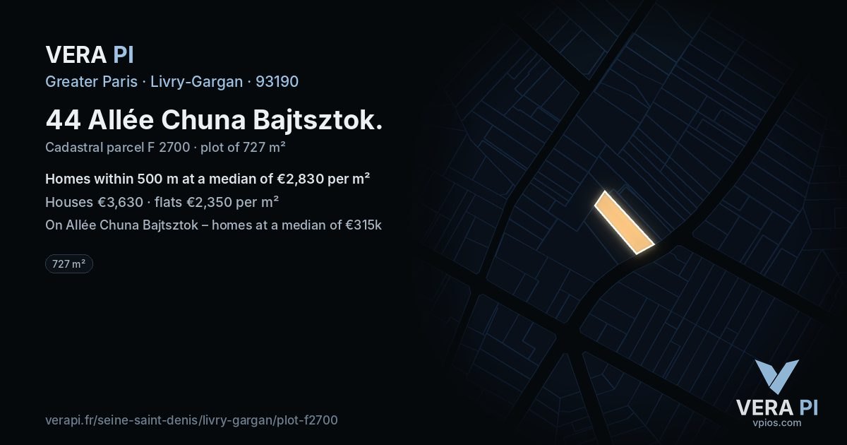 44 Allée Chuna Bajtsztok, Livry-Gargan at night – the plot lit, the parcels around coloured by the prices near them