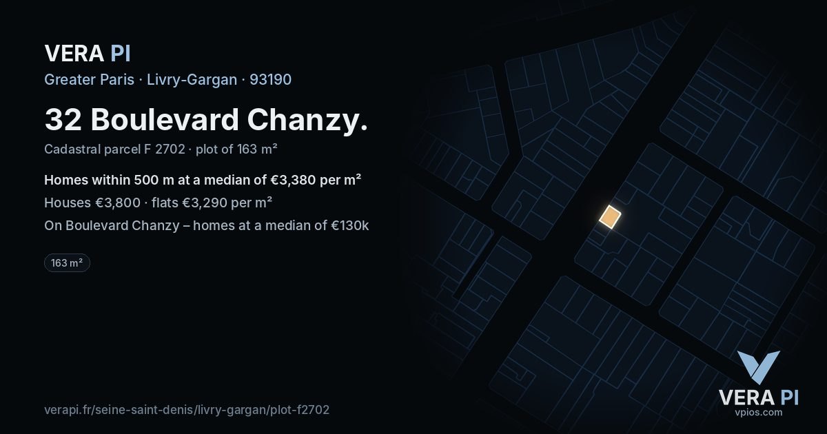 32 Boulevard Chanzy, Livry-Gargan at night – the plot lit, the parcels around coloured by the prices near them