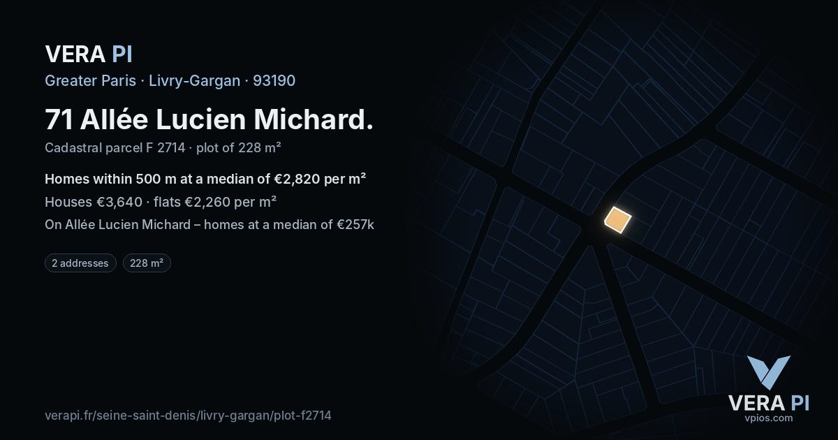 71 Allée Lucien Michard, Livry-Gargan at night – the plot lit, the parcels around coloured by the prices near them