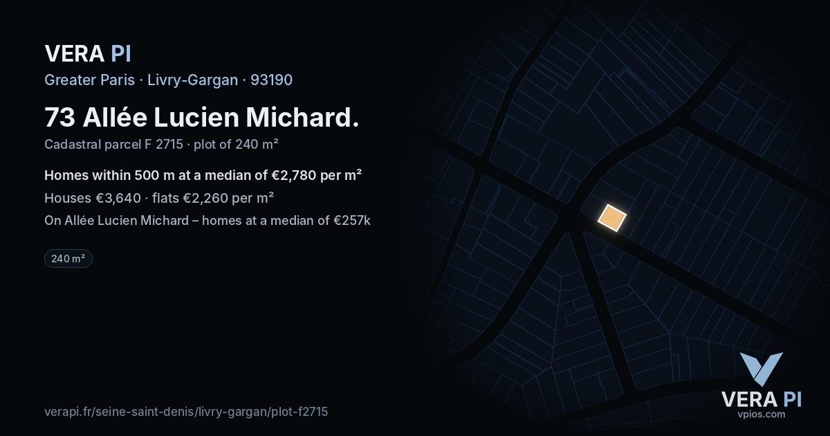 73 Allée Lucien Michard, Livry-Gargan at night – the plot lit, the parcels around coloured by the prices near them