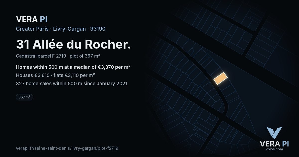 31 Allée du Rocher, Livry-Gargan at night – the plot lit, the parcels around coloured by the prices near them