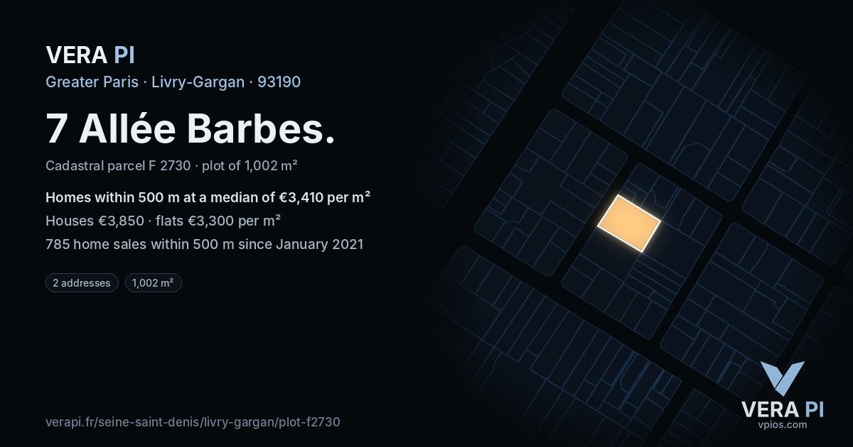 7 Allée Barbes, Livry-Gargan at night – the plot lit, the parcels around coloured by the prices near them