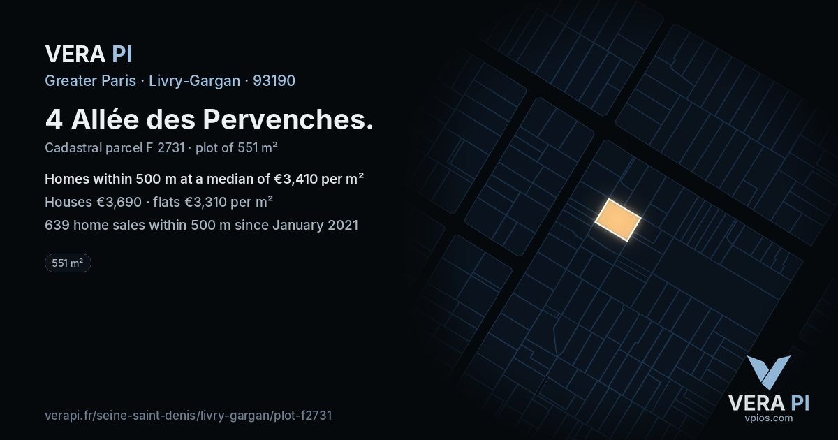 4 Allée des Pervenches, Livry-Gargan at night – the plot lit, the parcels around coloured by the prices near them
