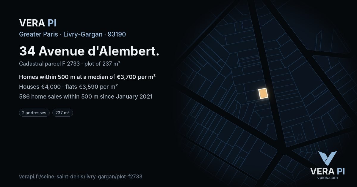34 Avenue d'Alembert, Livry-Gargan at night – the plot lit, the parcels around coloured by the prices near them