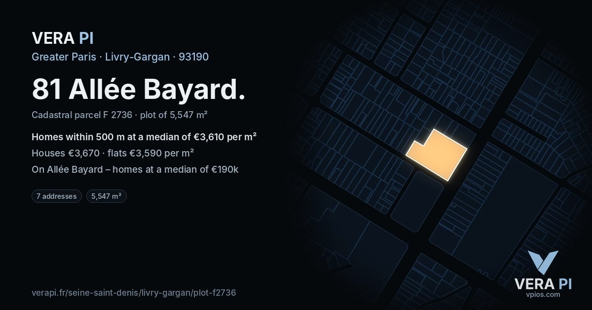 81 Allée Bayard, Livry-Gargan at night – the plot lit, the parcels around coloured by the prices near them