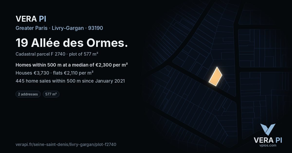 19 Allée des Ormes, Livry-Gargan at night – the plot lit, the parcels around coloured by the prices near them