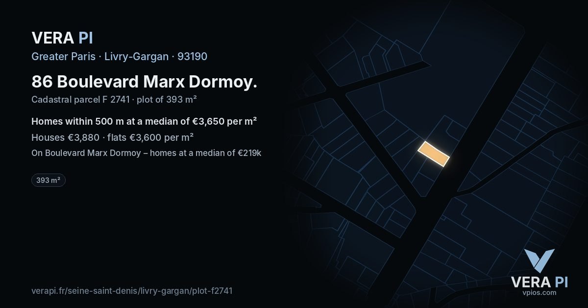 86 Boulevard Marx Dormoy, Livry-Gargan at night – the plot lit, the parcels around coloured by the prices near them