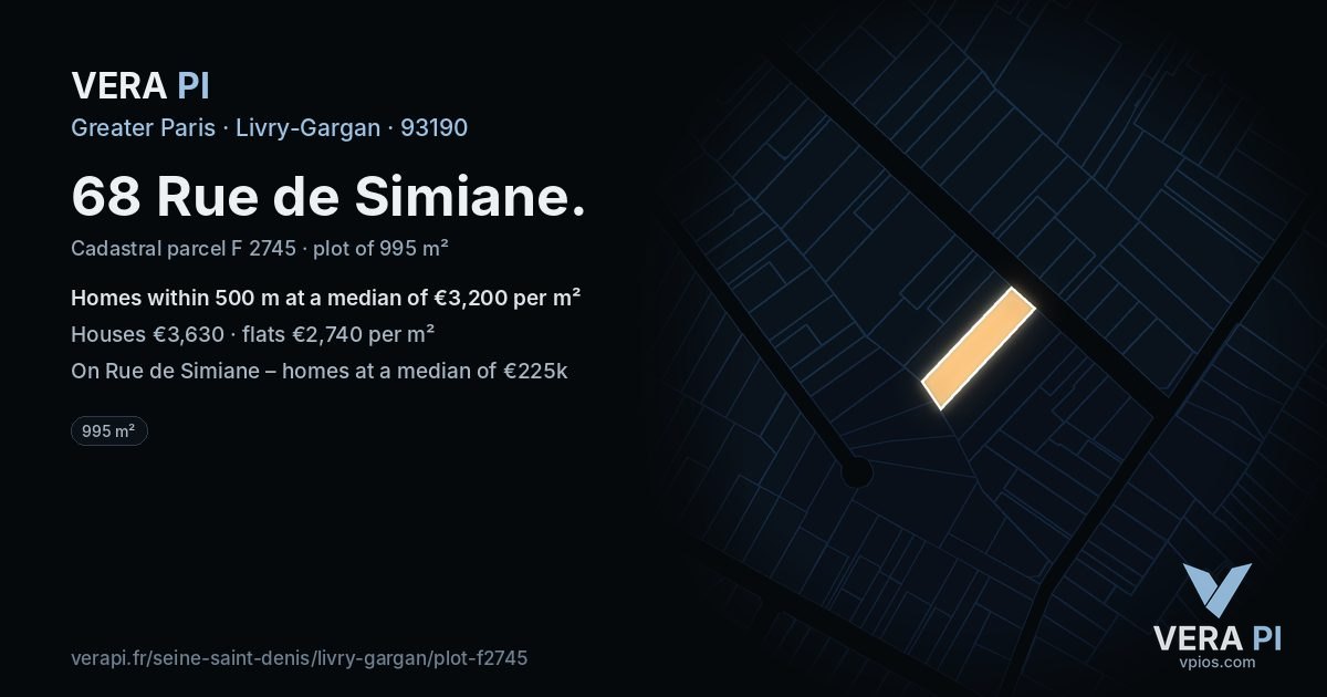 68 Rue de Simiane, Livry-Gargan at night – the plot lit, the parcels around coloured by the prices near them