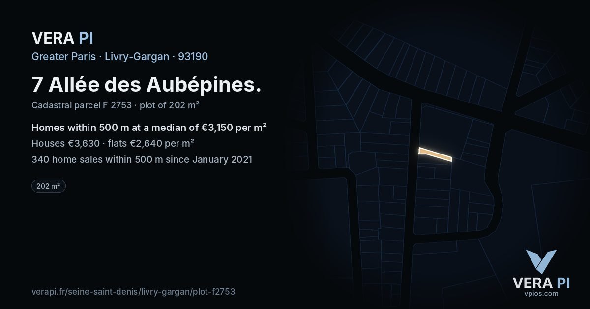 7 Allée des Aubépines, Livry-Gargan at night – the plot lit, the parcels around coloured by the prices near them