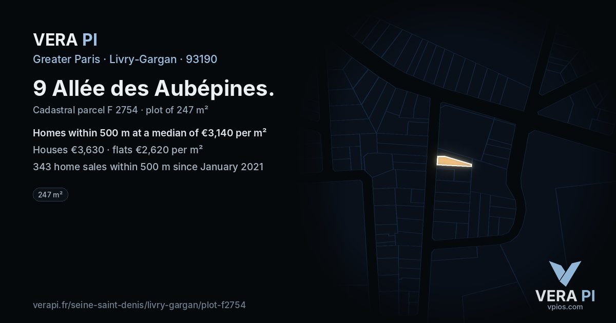 9 Allée des Aubépines, Livry-Gargan at night – the plot lit, the parcels around coloured by the prices near them