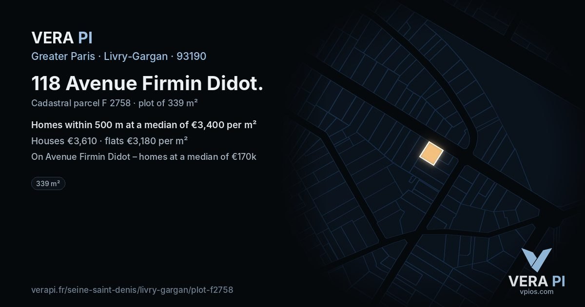 118 Avenue Firmin Didot, Livry-Gargan at night – the plot lit, the parcels around coloured by the prices near them