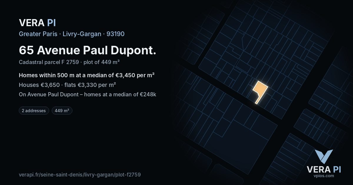 65 Avenue Paul Dupont, Livry-Gargan at night – the plot lit, the parcels around coloured by the prices near them