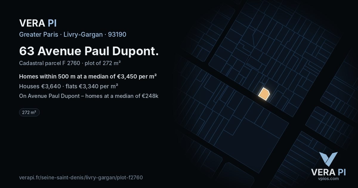 63 Avenue Paul Dupont, Livry-Gargan at night – the plot lit, the parcels around coloured by the prices near them