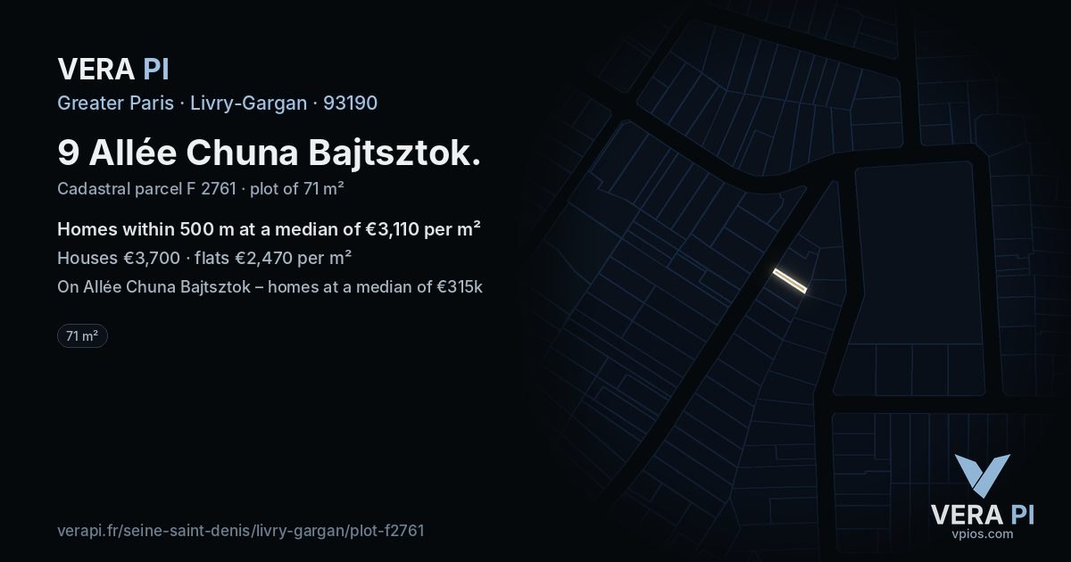 9 Allée Chuna Bajtsztok, Livry-Gargan at night – the plot lit, the parcels around coloured by the prices near them