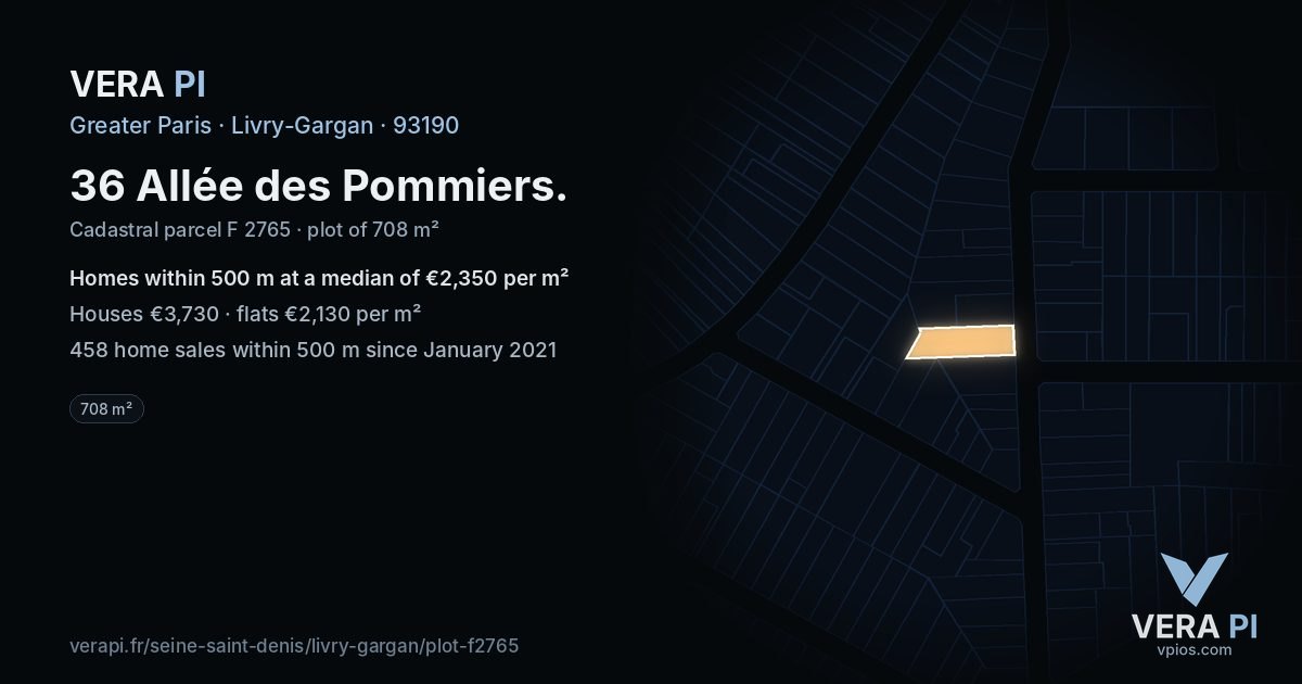 36 Allée des Pommiers, Livry-Gargan at night – the plot lit, the parcels around coloured by the prices near them