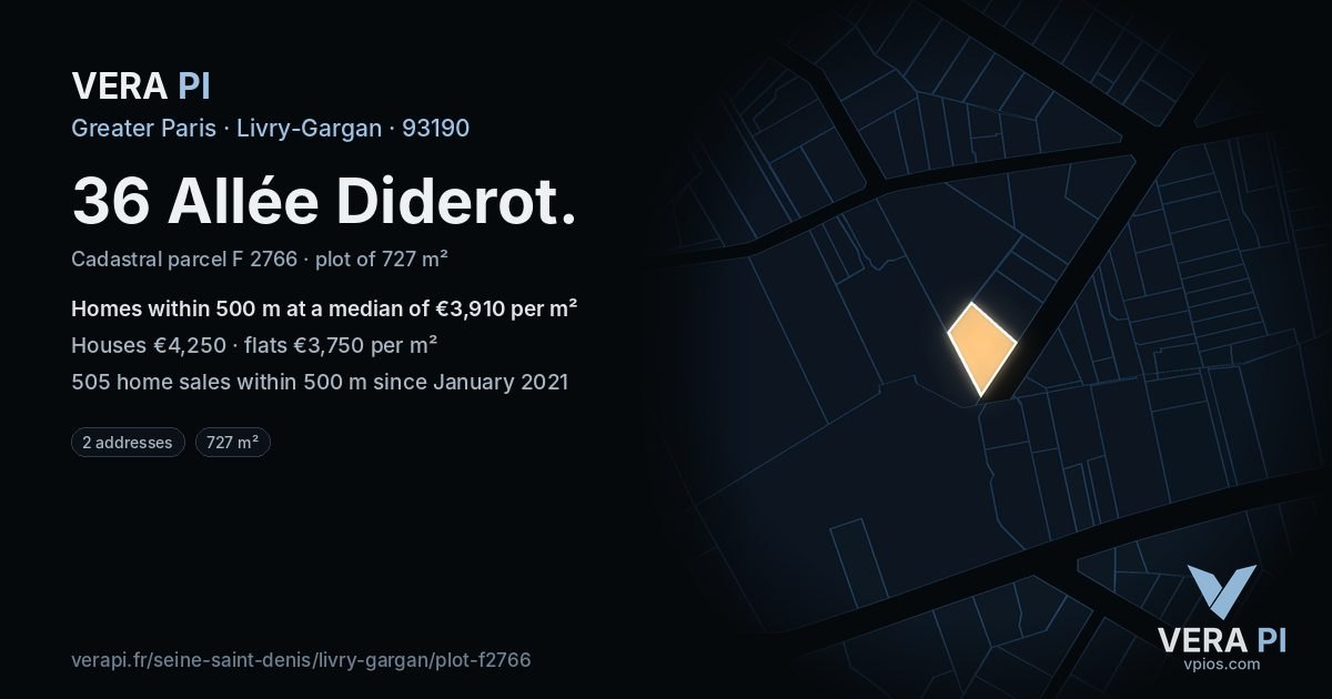 36 Allée Diderot, Livry-Gargan at night – the plot lit, the parcels around coloured by the prices near them