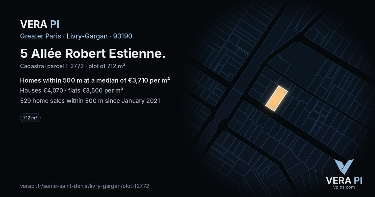 5 Allée Robert Estienne, Livry-Gargan at night – the plot lit, the parcels around coloured by the prices near them