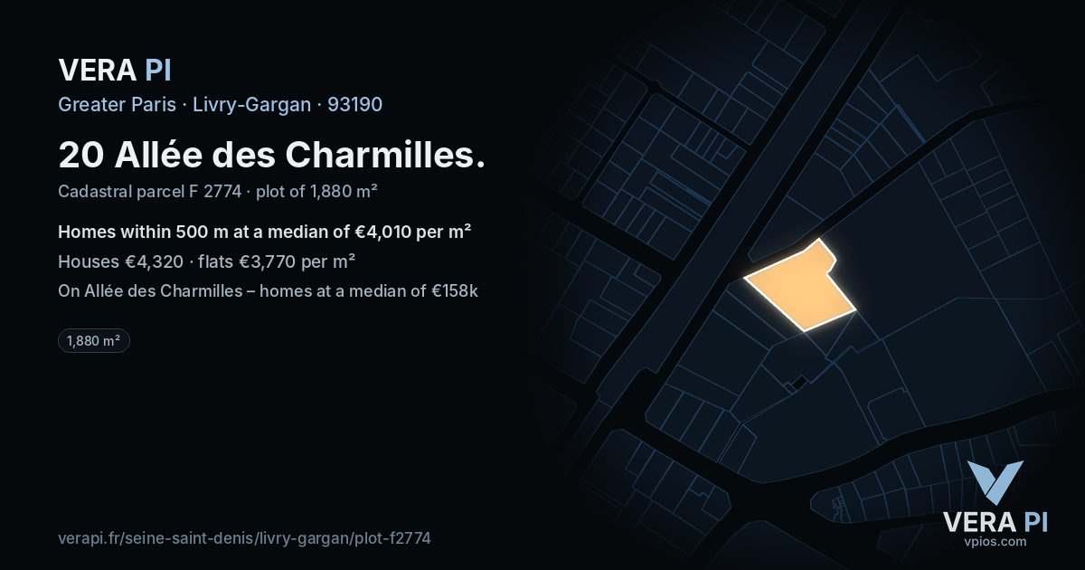 20 Allée des Charmilles, Livry-Gargan at night – the plot lit, the parcels around coloured by the prices near them