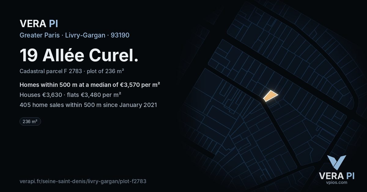 19 Allée Curel, Livry-Gargan at night – the plot lit, the parcels around coloured by the prices near them