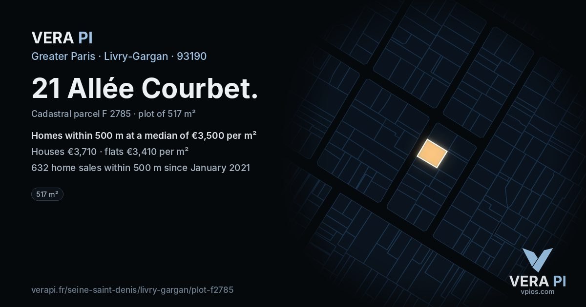 21 Allée Courbet, Livry-Gargan at night – the plot lit, the parcels around coloured by the prices near them