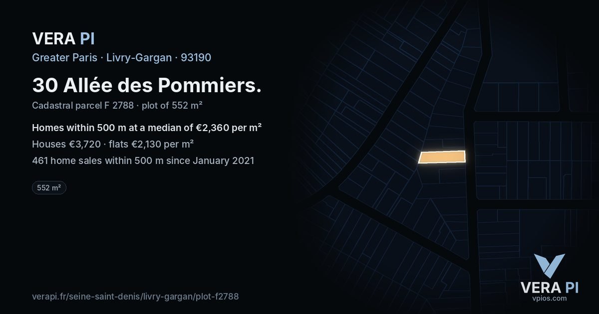30 Allée des Pommiers, Livry-Gargan at night – the plot lit, the parcels around coloured by the prices near them