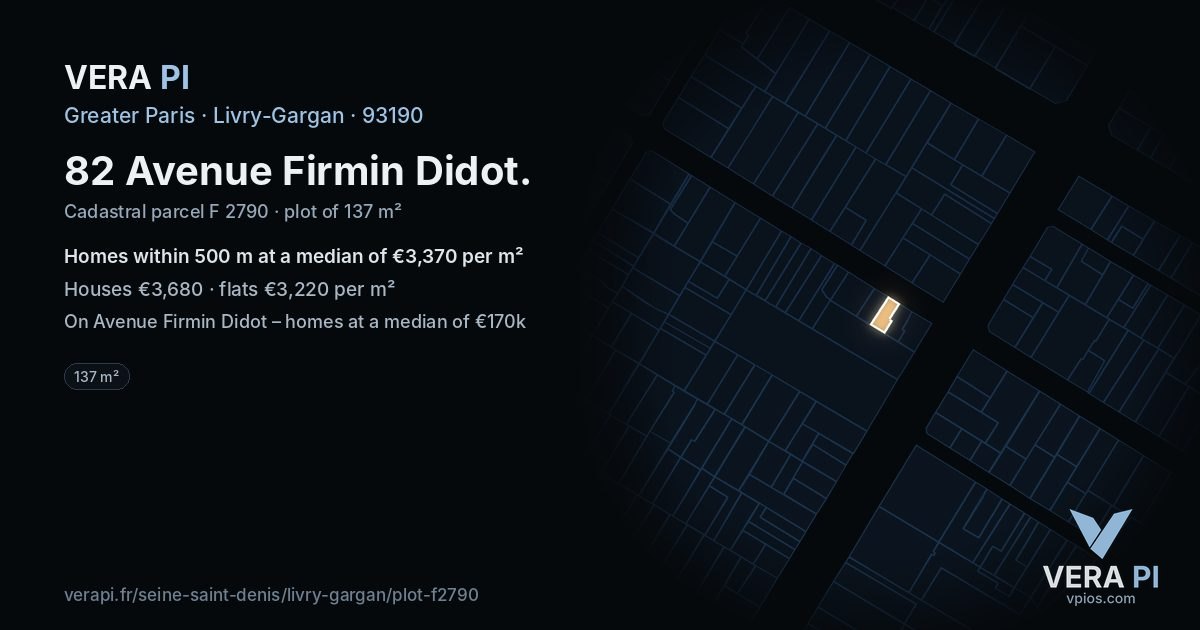 82 Avenue Firmin Didot, Livry-Gargan at night – the plot lit, the parcels around coloured by the prices near them
